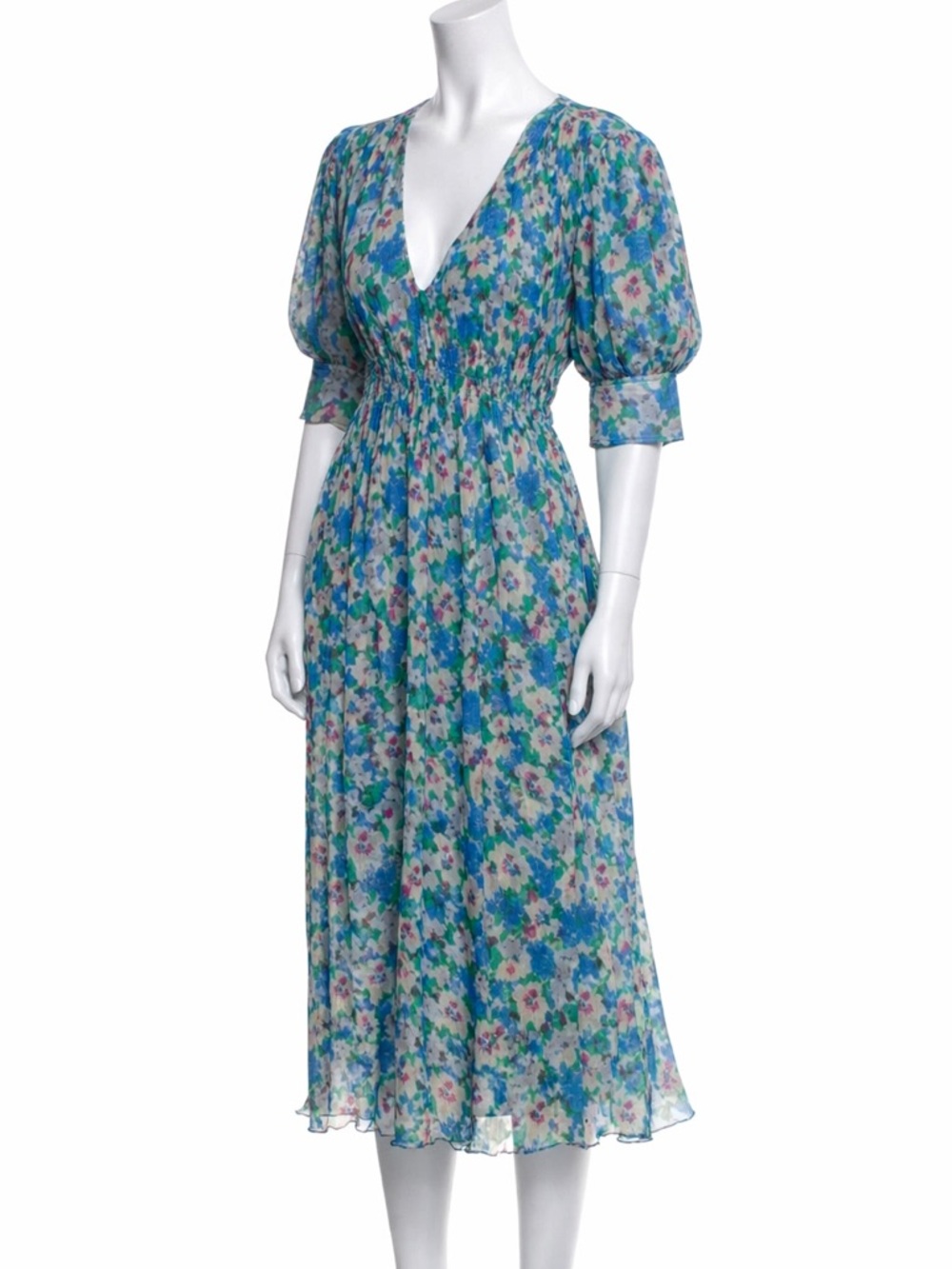 GANNI Blue Floral Pleated Georgette Midi Dress EU 34 US 2 Puff Sleeve Smocked